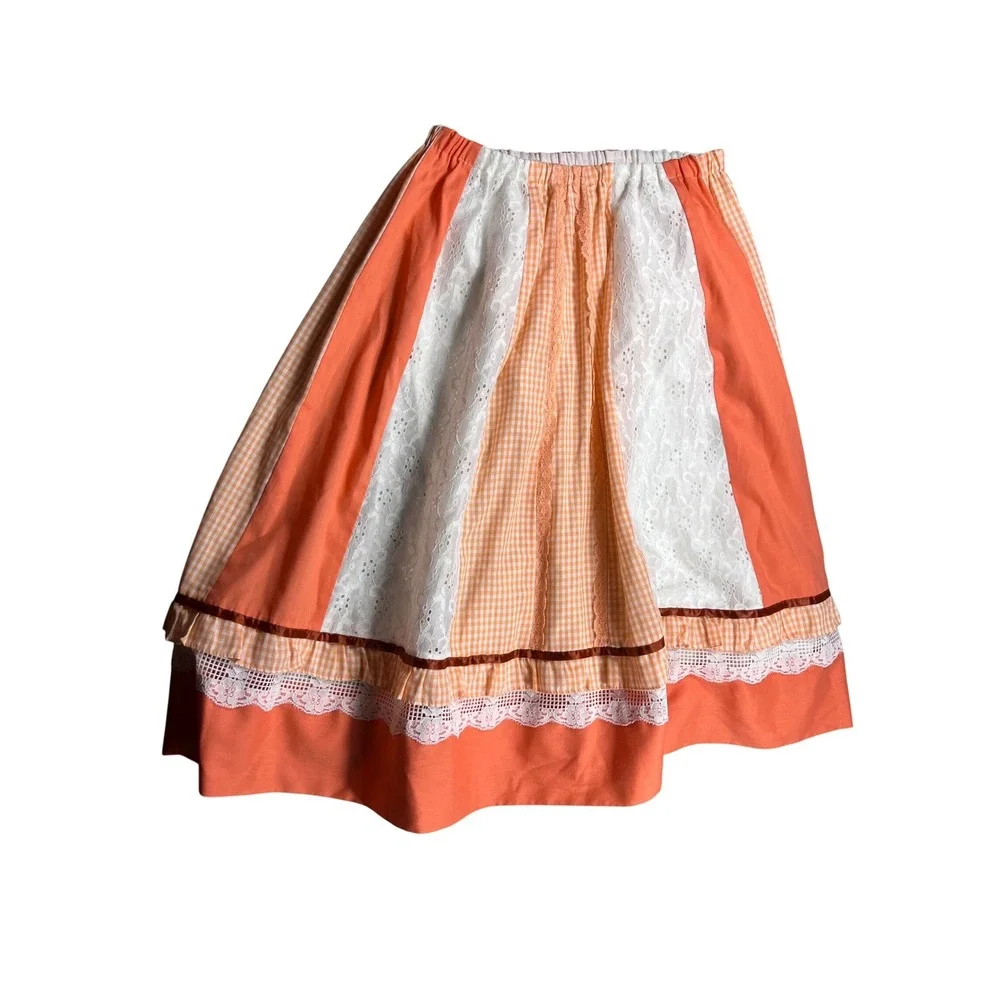 Vintage Handmade Prairie Patchwork Skirt Cottagecore Lace Gingham Peach‎ Boho